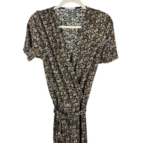 Zara Black & Yellow Floral Printed Crinkle Wide Leg Belted Jumpsuit Size Small - Picture 3 of 14